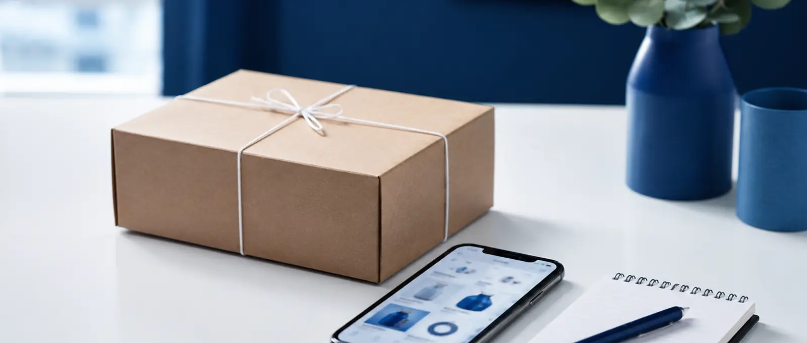 Colis préparé et commande passée en ligne depuis un smartphone