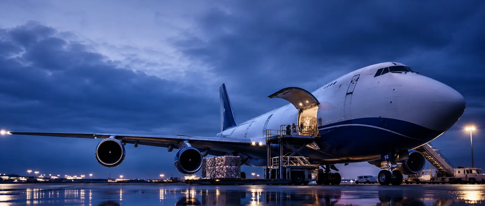 Avion cargo au tarmac au crépuscule, illustration du fret aérien